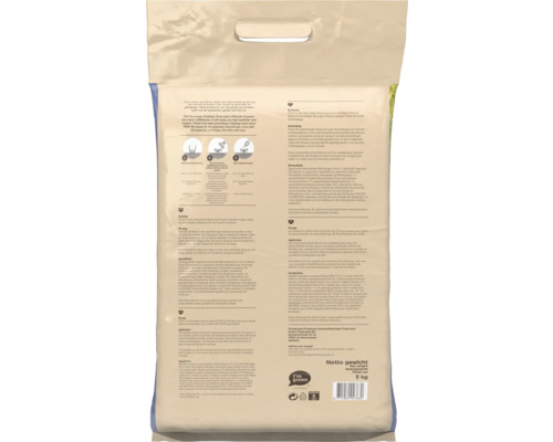 Achterzijde van een 5 kilogram verpakking Pokon Bio Tuinmest met Pokon Logo, gebruiksaanwijzing, ingrediënten en zegel voor biogebaseerd plastic.