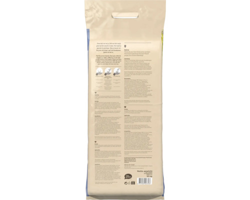 Achterzijde verpakking Pokon Bio Tuinmest 10 kilogram met doseerinstructies, ingrediënten, symbool voor biogebaseerde verpakking en barcode.