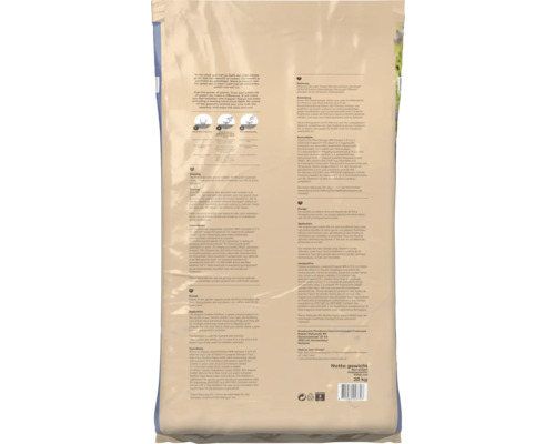 Achterkant van een 20 kilogram zak Pokon Bio Tuinmest met gebruiksinstructies, dosering en ingrediënten in meerdere talen.