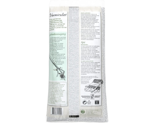 Achterzijde van de Pokon Vermiculiet verpakking met gebruiksaanwijzing, tips voor zaaien en planten, voorzorgsmaatregelen en recyclinginformatie.