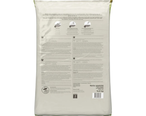 Achterzijde verpakking Pokon Gazonmest 3-in-1 met kalk, 16,8 kilogram, inclusief gebruiksinstructies, samenstelling en Pokon Logo.