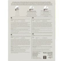 Achterkant van de Pokon gazonmestverpakking met Pokon Logo, instructies, dosering en de stappen maaien, strooien en sproeien.