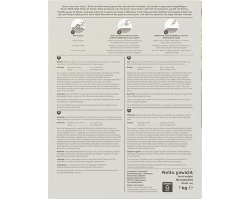 Achterkant van de Pokon gazonmestverpakking met Pokon Logo, instructies, dosering en de stappen maaien, strooien en sproeien.