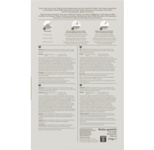 Achterzijde van een Pokon gazonmestverpakking met instructies voor maaien, strooien en sproeien en tekst in meerdere talen.