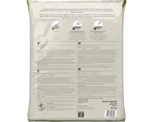 Achterzijde van een verpakking Pokon Gazonmest met gebruiksaanwijzing, stappenplan met iconen en een nettogewicht van 8,4 kilogram.