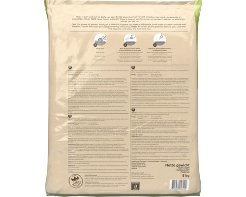 Achterzijde van de verpakking van Pokon Bio Gazonmest met stappenplan, doseringsinstructies en ingrediënten. Nettogewicht 5 kilogram.
