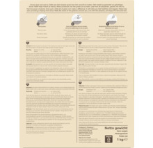 Achterkant Pokon Bio Gazonmest met instructies, Pokon Naturado B.V. Logo. Stappen voor maaien, strooien, sproeien. Dosering en 1 kilogram gewicht.