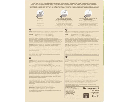 Achterkant Pokon Bio Gazonmest met instructies, Pokon Naturado B.V. Logo. Stappen voor maaien, strooien, sproeien. Dosering en 1 kilogram gewicht.