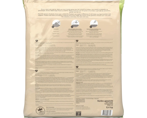 Achterkant van een zak Pokon Bio Gazonmest met gebruiksaanwijzing in drie stappen, ingrediëntenlijst en Pokon Logo. Nettogewicht 8,4 kilogram.