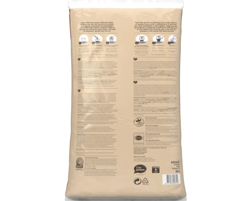 Achterkant van een 30 liter zak Pokon Bio Potgrond voor rozen met plantinstructies, productinformatie, MPS Logo, RHP Logo en Plastic Recycling Logo.