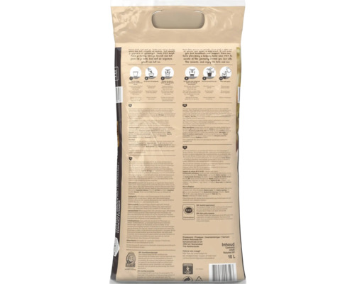 Achterzijde van een 10 liter zak Pokon Bio Moestuin Grond met gebruiksinstructies in zes stappen, productinformatie en keurmerken.