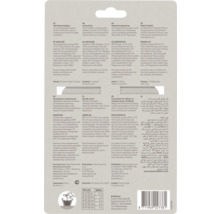 Achterkant van de verpakking van meststofstaafjes met meststof 14-7-8, gebruiksaanwijzing in meerdere talen en een doseringstabel.