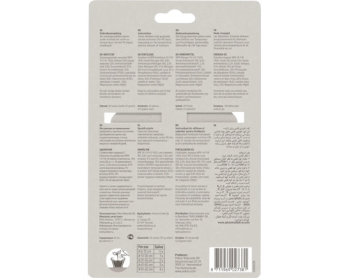 Achterkant van de verpakking van meststofstaafjes met meststof 14-7-8, gebruiksaanwijzing in meerdere talen en een doseringstabel.