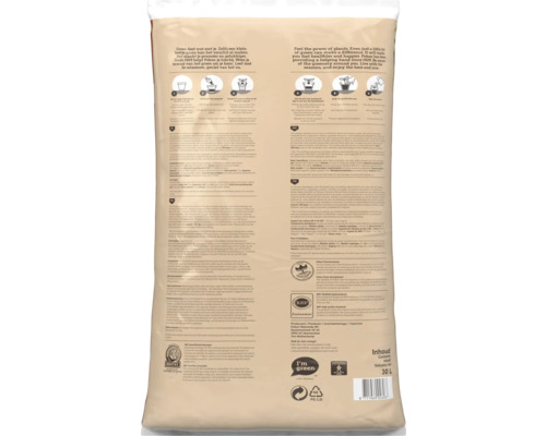 Achterzijde van de zak Pokon Bio potgrond voor zuurminnende planten, 30 liter, met gebruiksaanwijzing, productinformatie en keurmerken.