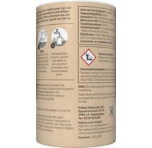 Productetiket van Pokon mierenbestrijding met gebruiksaanwijzing, milieugevaarsymbool en fabrikantgegevens, inhoud 250 gram.