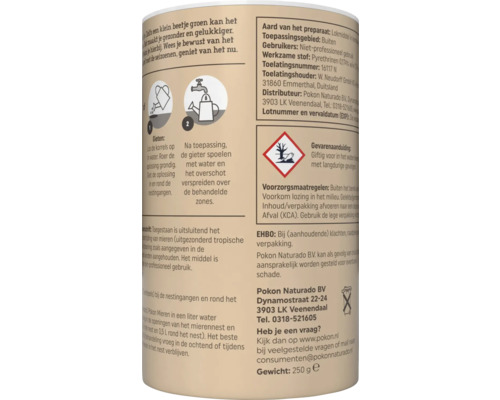 Productetiket van Pokon mierenbestrijding met gebruiksaanwijzing, milieugevaarsymbool en fabrikantgegevens, inhoud 250 gram.