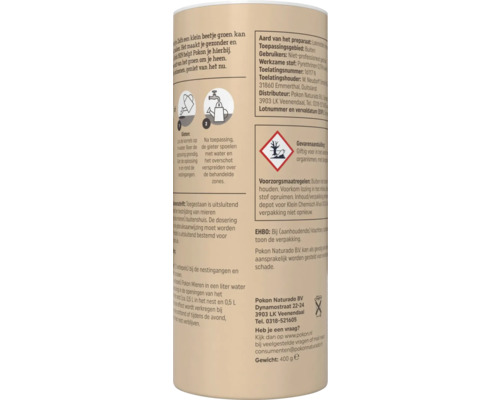 Achterzijde van een Pokon mierenmiddel verpakking met gebruiksaanwijzing, pictogrammen voor gieten en een gevarensymbool voor het milieu.