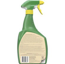 Achterzijde van een groene plantenspuit met etiket met voorzorgsmaatregelen, eerste hulp en productinformatie.