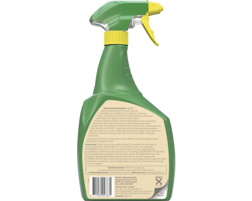 Achterzijde van een groene plantenspuit met etiket met voorzorgsmaatregelen, eerste hulp en productinformatie.