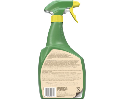 Achterkant van een groene Pokon spuitfles van 800 milliliter met etiket voor gebruiksinstructies, veiligheidsvoorschriften en ingrediënten.