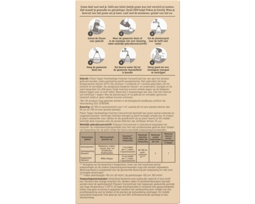 Informatieblad voor Pokon Tegen Hardnekkige Insecten Concentraat met een stappenplan in zes stappen en een doseringstabel voor diverse planten.