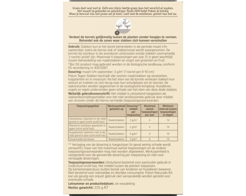 Achterzijde van de verpakking van Pokon tegen slakken met gebruiksaanwijzing, doseringstabel en informatie over biologische slakkenbestrijding.