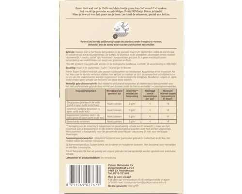 Achterzijde verpakking Pokon Tegen Slakken met gebruiksaanwijzing, doseringstabel en barcode.