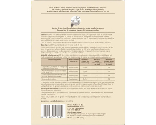 Achterzijde van de verpakking met gebruiksaanwijzing en doseringstabel voor Pokon tegen slakken.