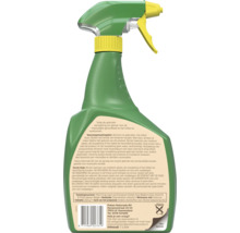 Achterkant van een Pokon spuitfles voor herbicide met gebruiksaanwijzing, veiligheidsvoorschriften en barcode. Inhoud 1 liter.