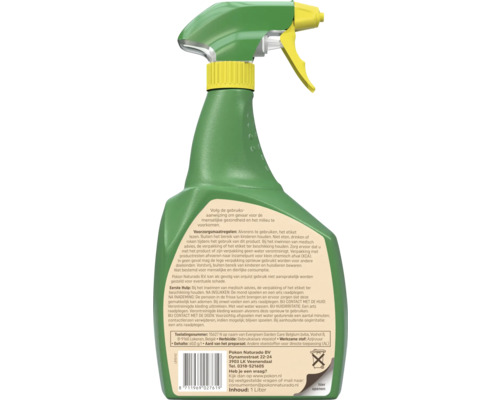 Achterkant van een Pokon spuitfles voor herbicide met gebruiksaanwijzing, veiligheidsvoorschriften en barcode. Inhoud 1 liter.