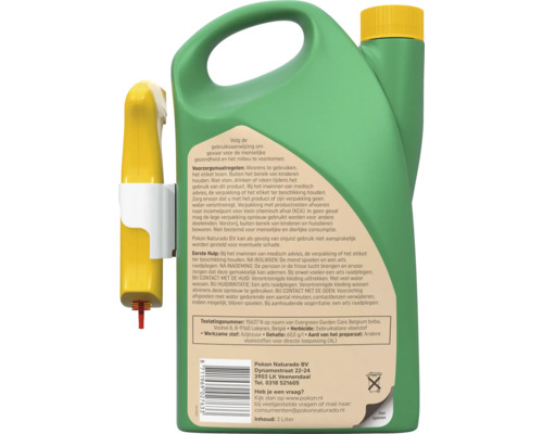 Pokon Herbicide 3 liter kanister met gele spuitkop, gebruiksklare vloeistof op basis van azijnzuur.