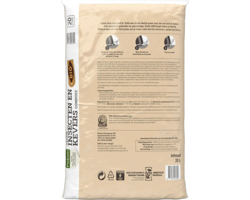 Achterzijde van een 20 liter zak Pokon Bio compost tegen insecten en kevers met gebruiksinstructies en productinformatie.