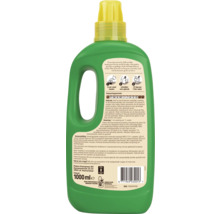 Achterzijde van een groene fles Pokon Bio Kamerplantenvoeding met gebruiksaanwijzing, dosering, samenstelling en barcode.