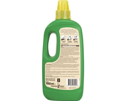 Achterzijde van een groene fles Pokon Bio Kamerplantenvoeding met gebruiksaanwijzing, dosering, samenstelling en barcode.