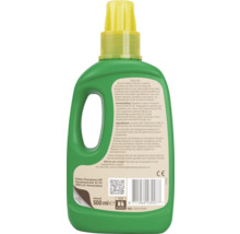 Achteraanzicht van een groene plastic fles Pokon Bio plantenvoeding voor terras en balkon, 500 milliliter, met etiket en productinformatie.