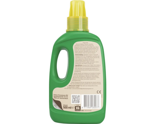 Achteraanzicht van een groene plastic fles Pokon Bio plantenvoeding voor terras en balkon, 500 milliliter, met etiket en productinformatie.