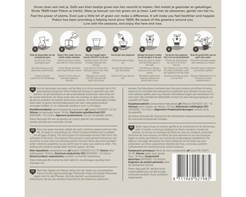 Gebruiksaanwijzing voor Pokon Potgrond Compact in zeven stappen met illustraties en gedetailleerde productinformatie.