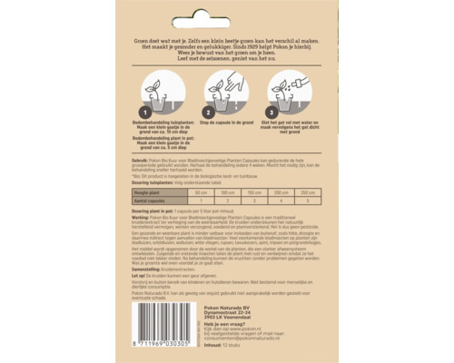 Achterzijde van de verpakking van Pokon Bio Kuur capsules tegen bladinsecten met gebruiksinstructies, doseringstabel en productinformatie.