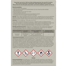 Etiket met gebruiksaanwijzing en veiligheidssymbolen voor Pokon Tegen Hardnekkig Onkruid Concentraat.