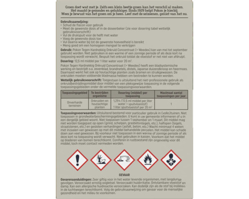 Etiket met gebruiksaanwijzing en veiligheidssymbolen voor Pokon Tegen Hardnekkig Onkruid Concentraat.