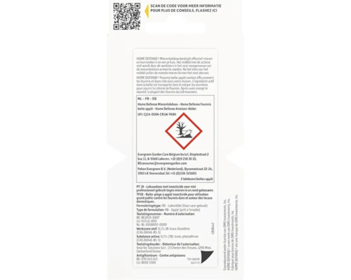 Achterkant van de verpakking van een mierenlokdoos mit informatie, veiligheidsinstructies, symbool voor milieugevaar en Quick-Response-code.