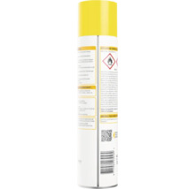 Achterkant van een insectenspray met gebruiksaanwijzing, gevarensymbool voor licht ontvlambare stoffen, barcode en QR-code.