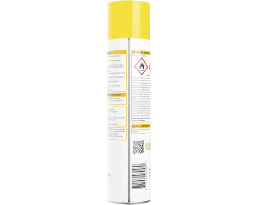Achterkant van een insectenspray met gebruiksaanwijzing, gevarensymbool voor licht ontvlambare stoffen, barcode en QR-code.