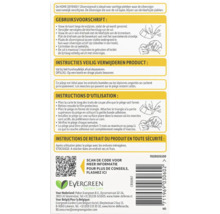 Achterkant van de verpakking van een zilvervisjesval met instructies, montagediagrammen en Evergreen Garden Care Logo.