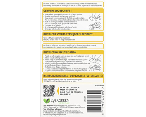 Achterkant van de verpakking van een zilvervisjesval met instructies, montagediagrammen en Evergreen Garden Care Logo.