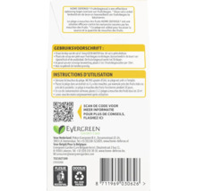 Achterkant van de Home Defense fruitvliegjesval met gebruiksaanwijzing, Evergreen Garden Care Logo, recyclingsymbolen en barcode.