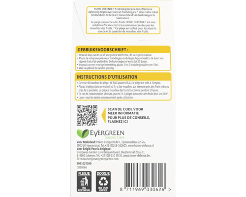 Achterkant van de Home Defense fruitvliegjesval met gebruiksaanwijzing, Evergreen Garden Care Logo, recyclingsymbolen en barcode.