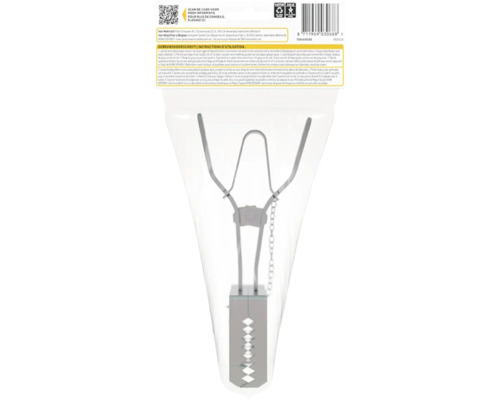 Mollenvangklem van metaal met getande kaken en ketting in transparante verpakking met gebruiksaanwijzing.