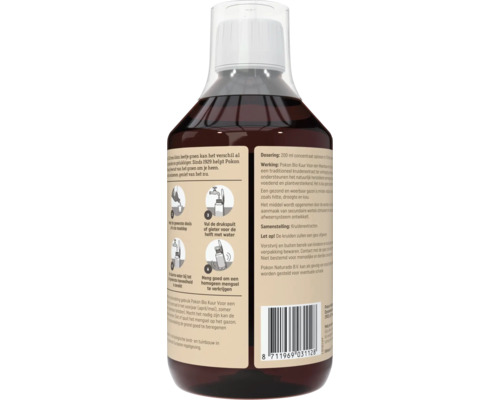 Achteraanzicht van een bruine fles Pokon Bio Kuur met gebruiksaanwijzing inclusief illustraties, dosering en barcode.