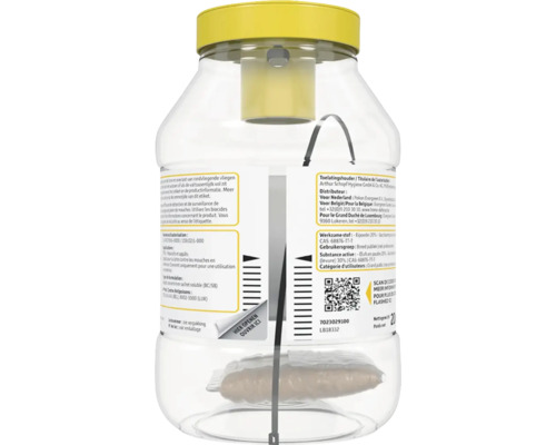 Transparante vliegenval om op te hangen met gele deksel en geïntegreerd lokaaszakje.